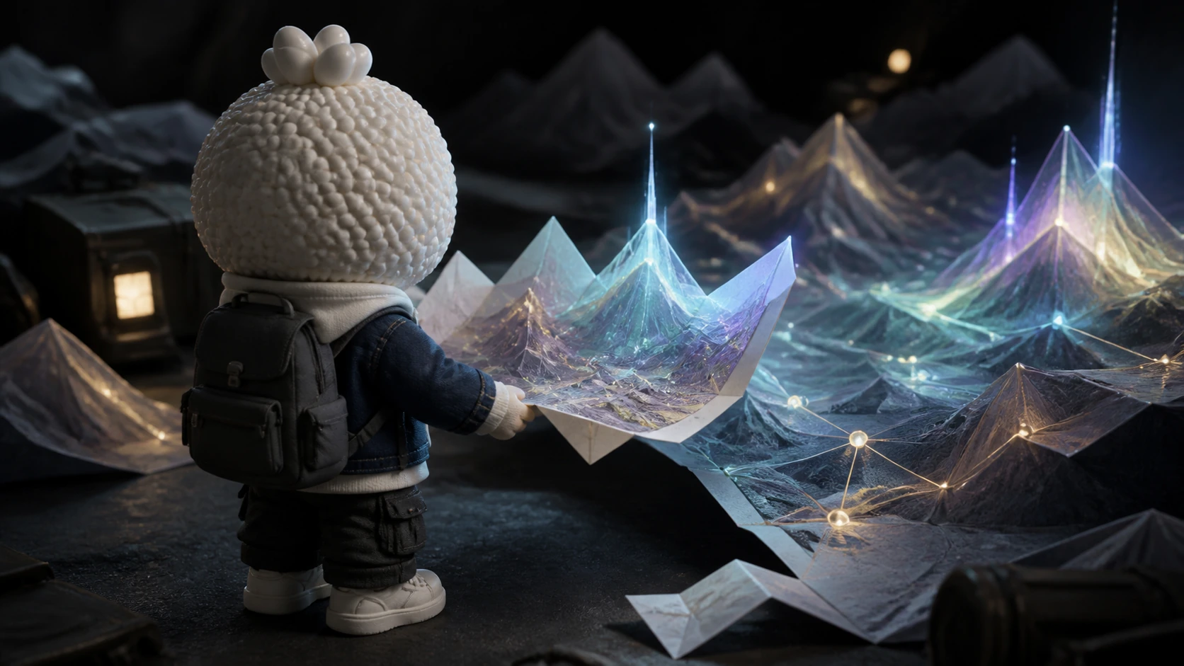 Over Rais's shoulder, a pocket-sized origami landscape unfolds into a prismatic source-linked interface.