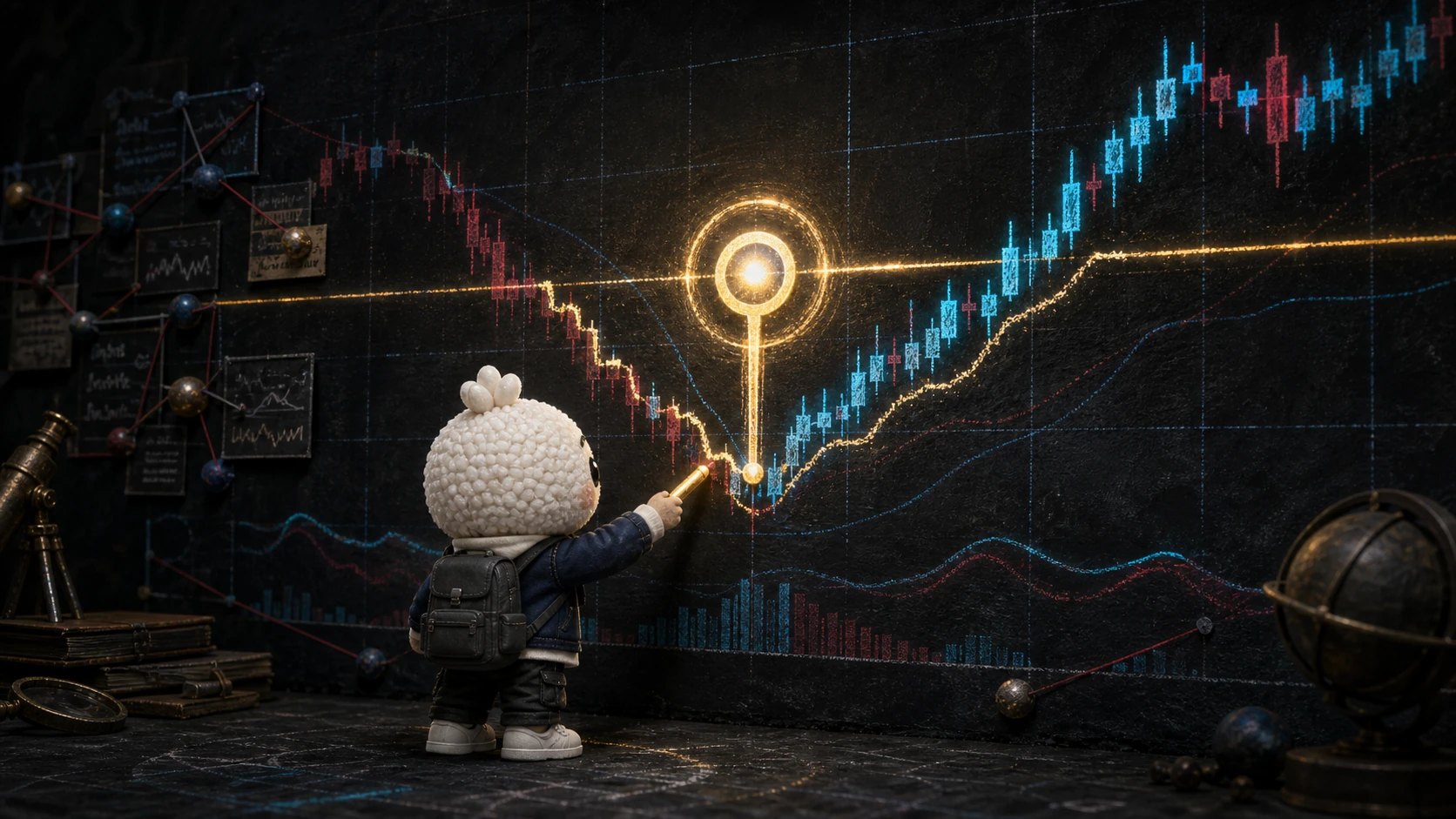 Rais places a conspicuous source-timed headline marker on a wall-sized market tape and traces the move before and after it.