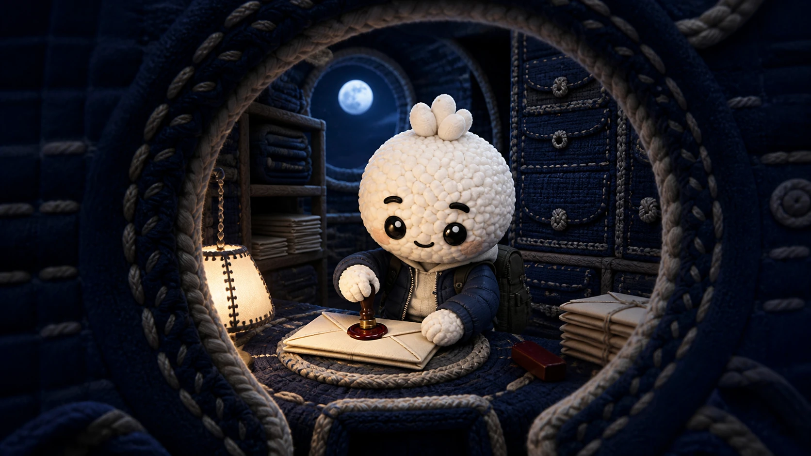 Seen through a woven keyhole, Rais seals a private envelope inside a moonlit protected chamber.