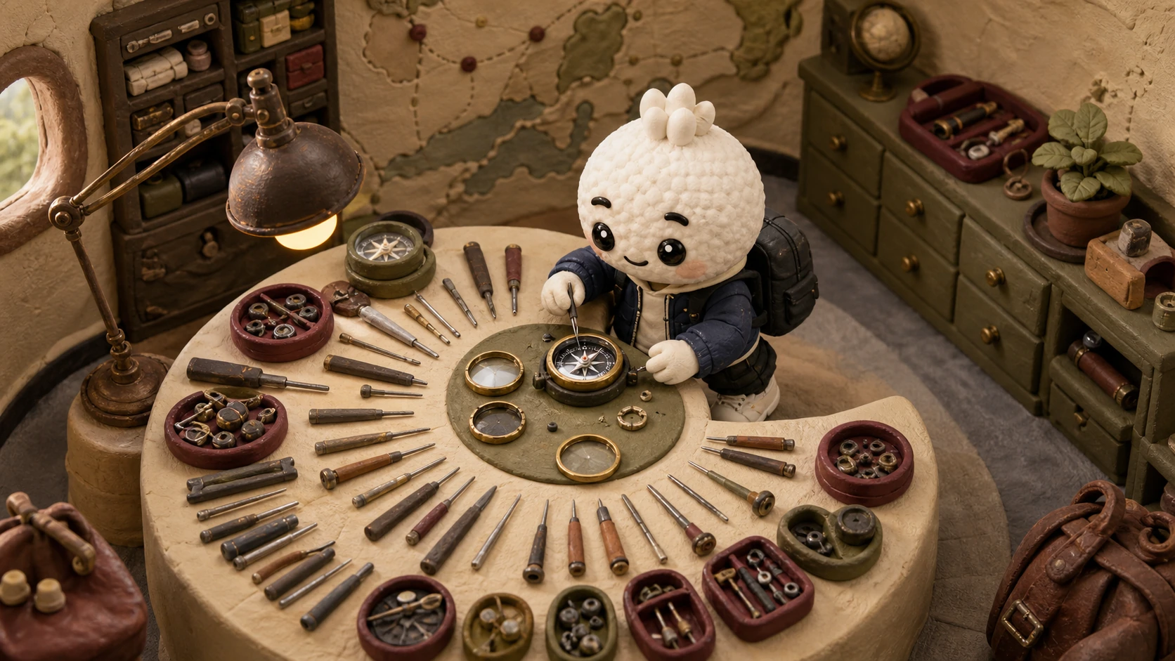 Rais repairs a broken navigation compass from a top-down clay workshop view.