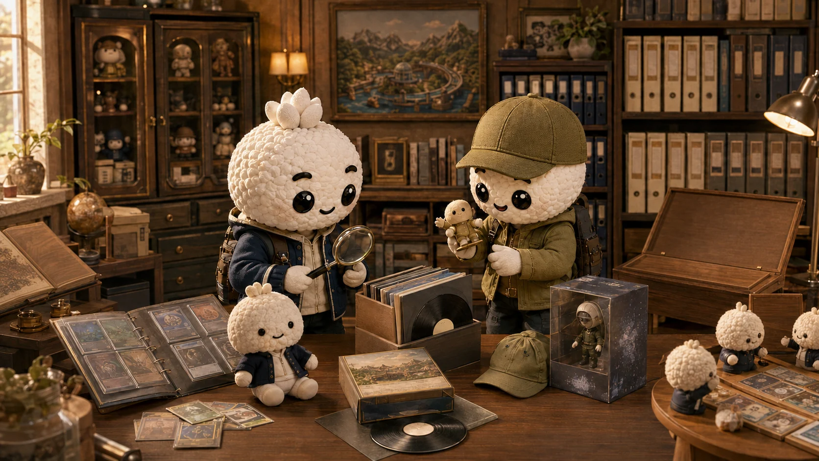 Rais and Bryce examine generic cards, records, plush toys and merchandise beside older carefully kept collectibles.