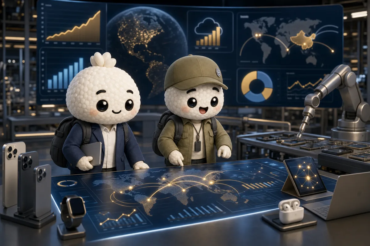 Editorial illustration of Rais and Bryce in product-demand and supply-chain analysts studying device demand, Services growth, China exposure and supply-chain execution for AAPL.