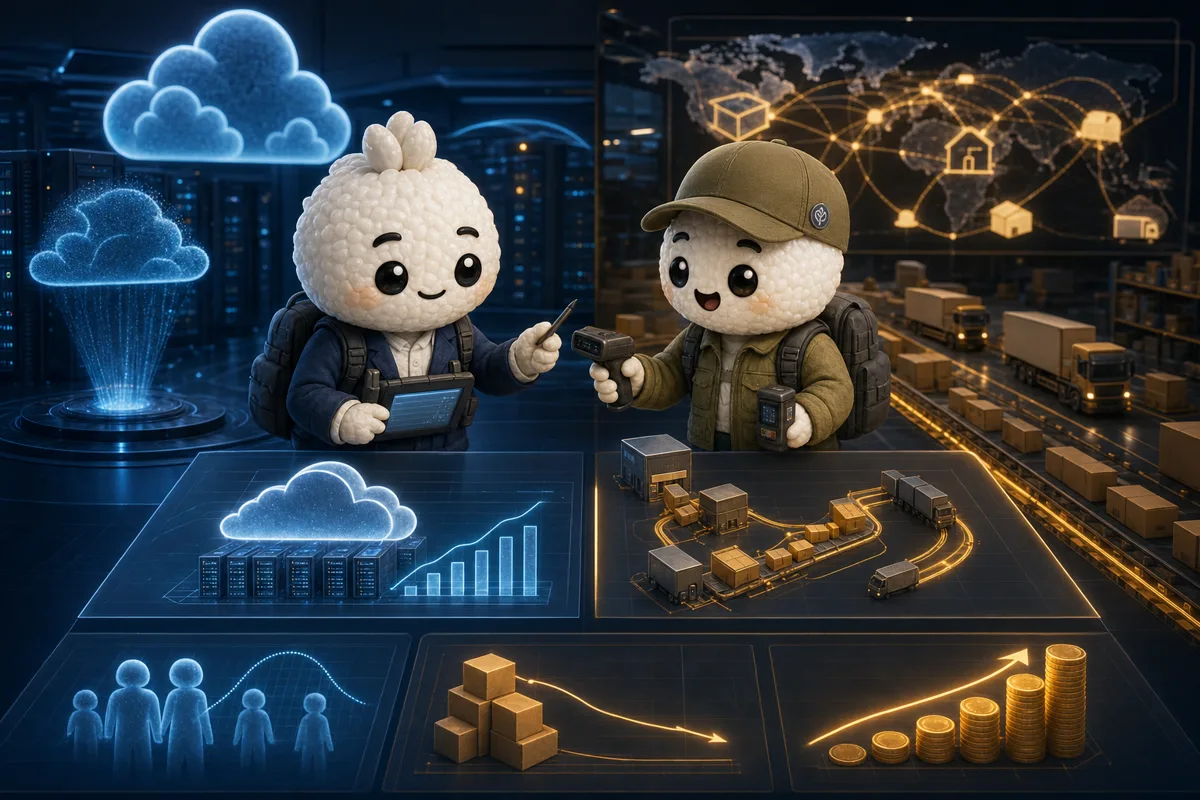 Editorial illustration of Rais and Bryce in cloud-demand and logistics analysts studying AWS demand, retail spending, delivery costs and operating margins for AMZN.