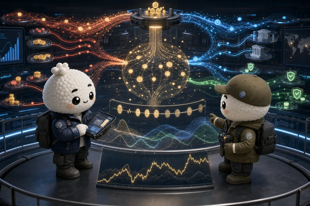 Editorial illustration of Rais and Bryce in digital-asset forensic analysts studying liquidity, fund flows, regulation, network supply and security for BTC.