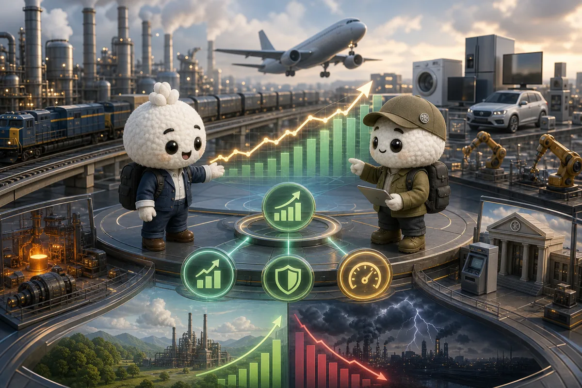 Editorial illustration of Rais and Bryce in industrial-economy analysts studying industrial earnings, economic growth, rates and defensive rotation for DIA.