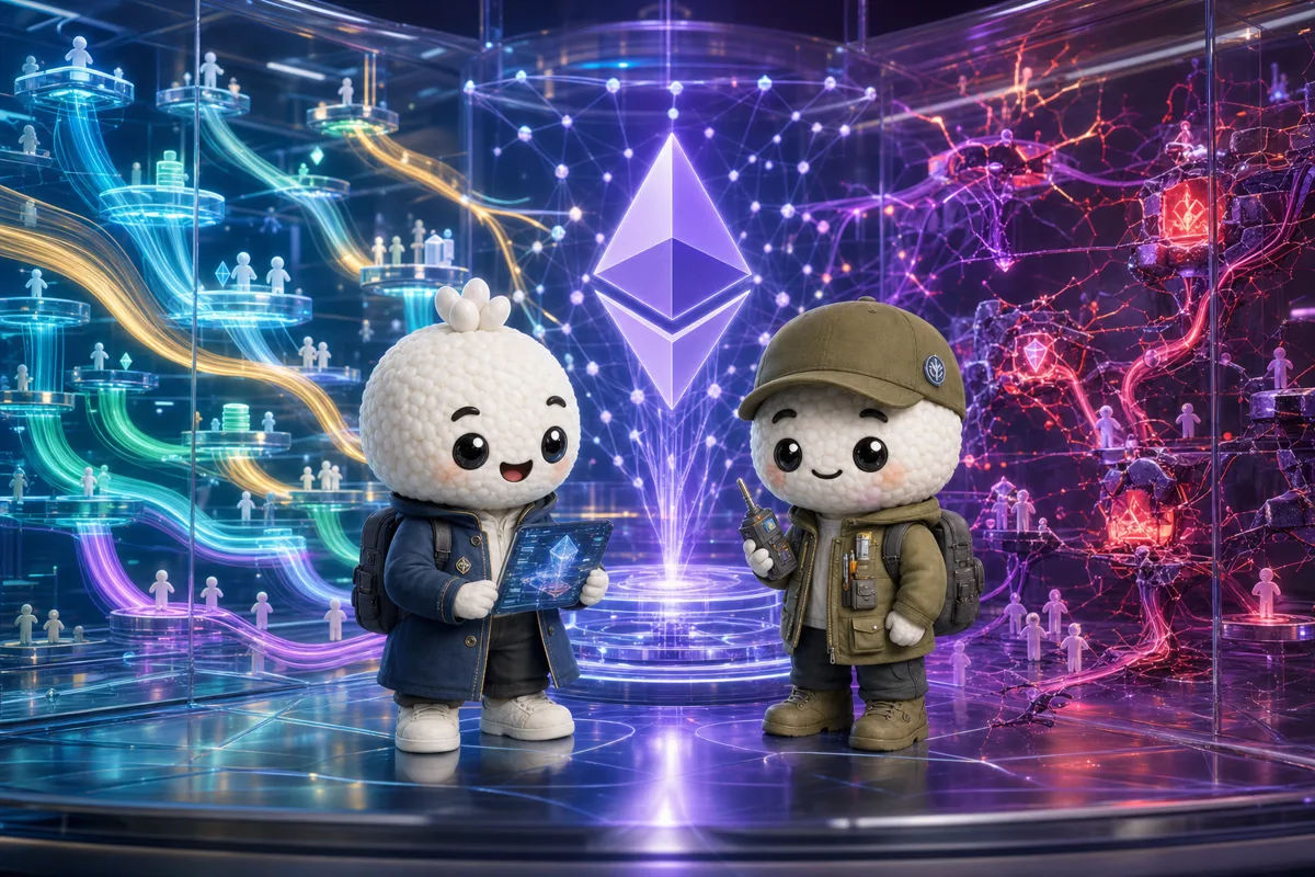 Editorial illustration of Rais and Bryce in network-economics and reliability analysts studying network use, fees, staking, regulation and security for ETH.