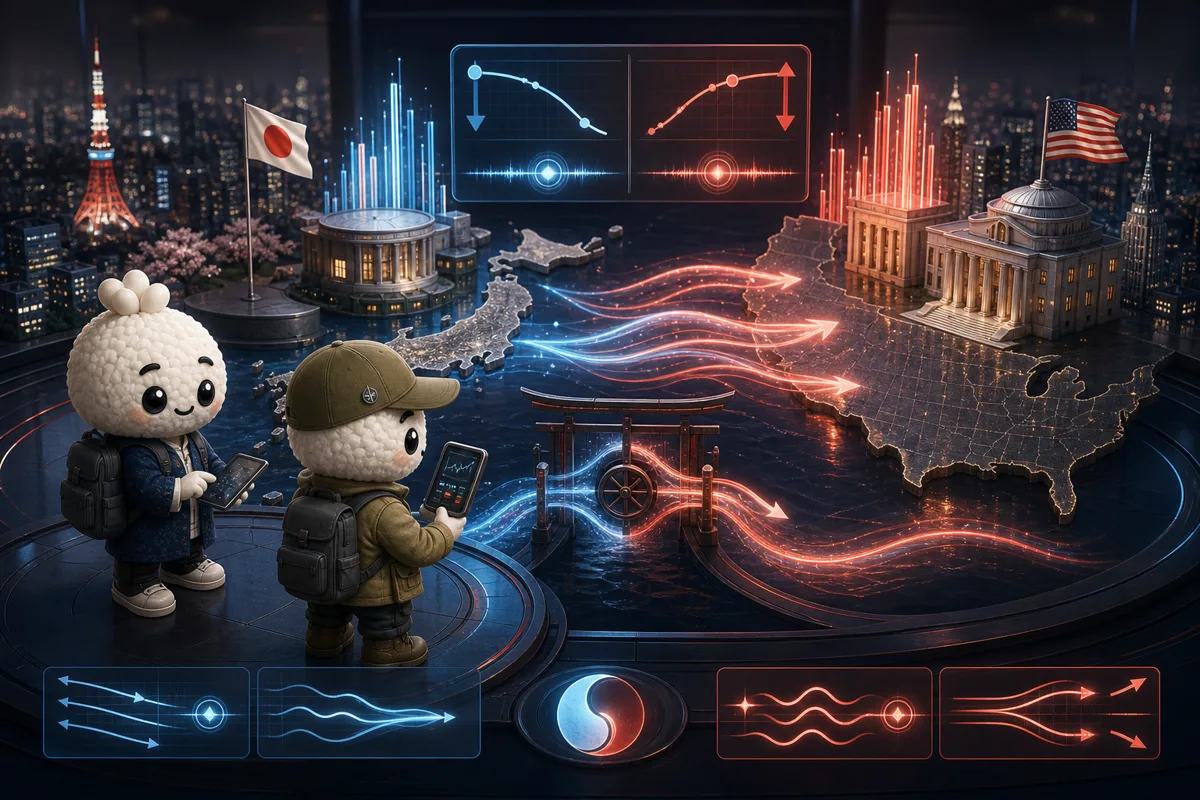 Editorial illustration of Rais and Bryce in monetary-policy and carry-trade analysts studying BOJ policy, rate gaps, intervention and safe-haven flows for JPY.