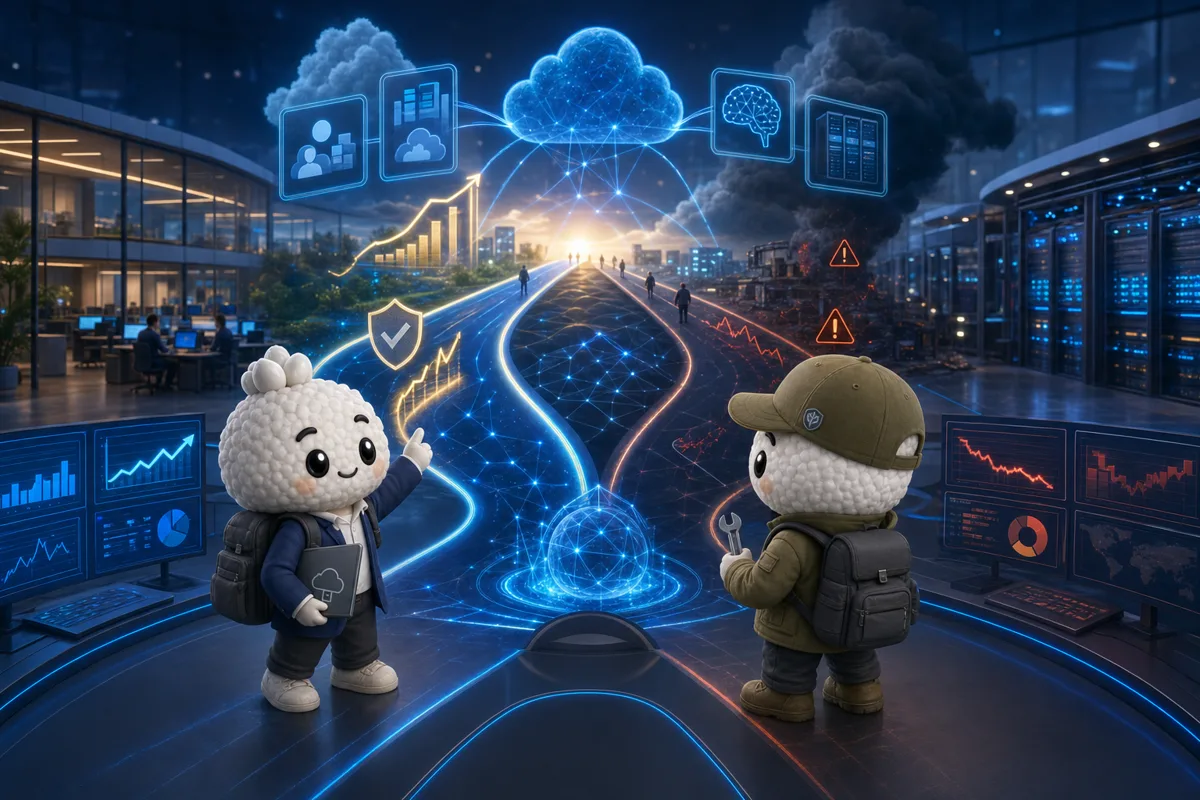 Editorial illustration of Rais and Bryce in enterprise-software and cloud analysts studying cloud demand, AI adoption, capex returns, margins and reliability for MSFT.