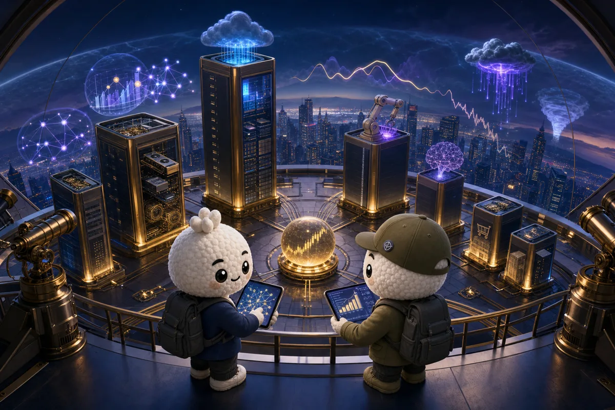 Editorial illustration of Rais and Bryce in growth-index and rate-sensitivity analysts studying large-company earnings, AI spending, rates, valuation and concentration for QQQ.