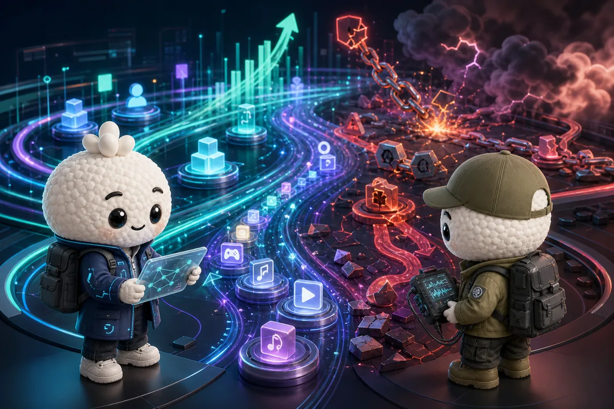 Editorial illustration of Rais and Bryce in network-activity and protocol-reliability analysts studying useful network use, developer activity, flows, reliability and leverage for SOL.