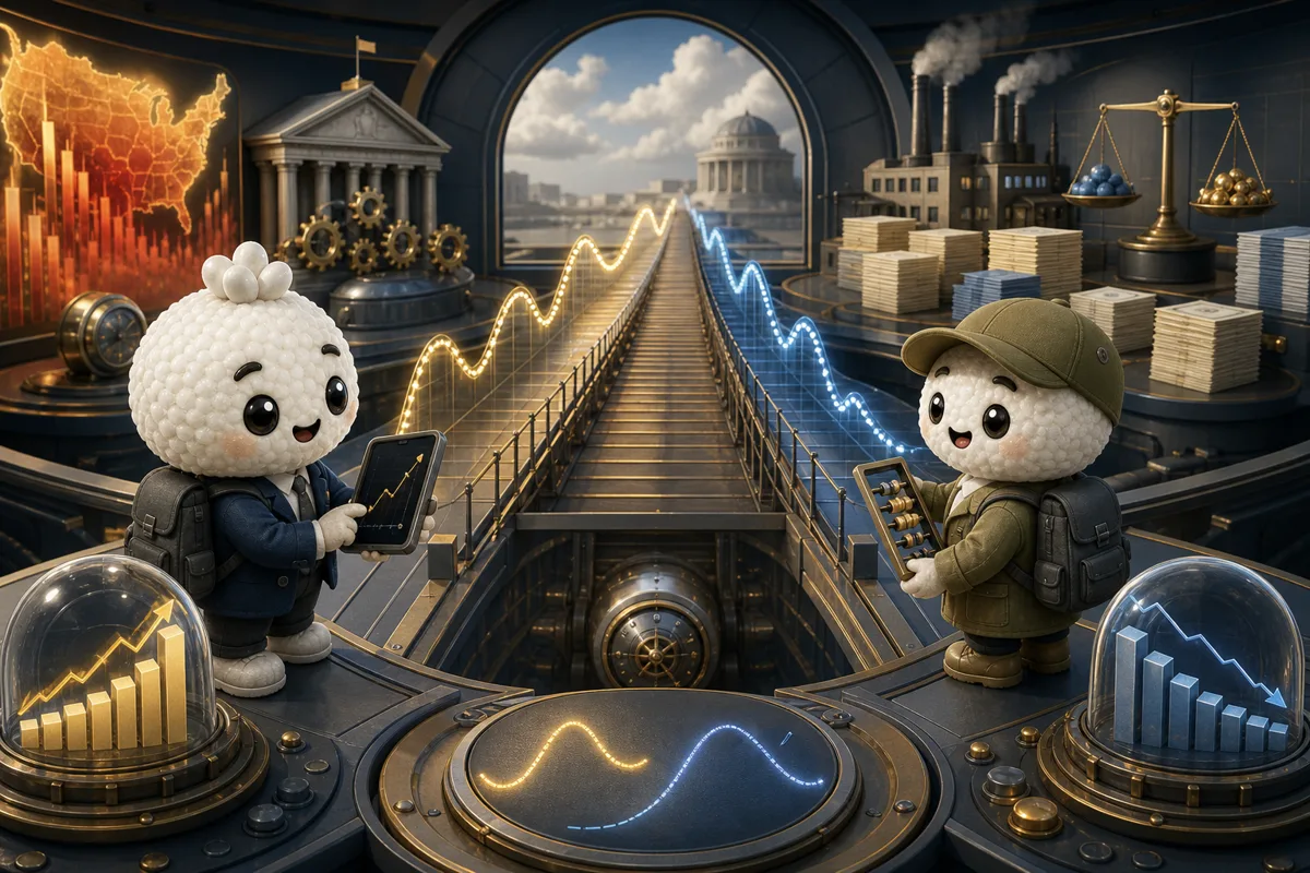 Editorial illustration of Rais and Bryce in fixed-income duration and fiscal-supply analysts studying long yields, inflation, central-bank policy, bond supply and haven demand for TLT.