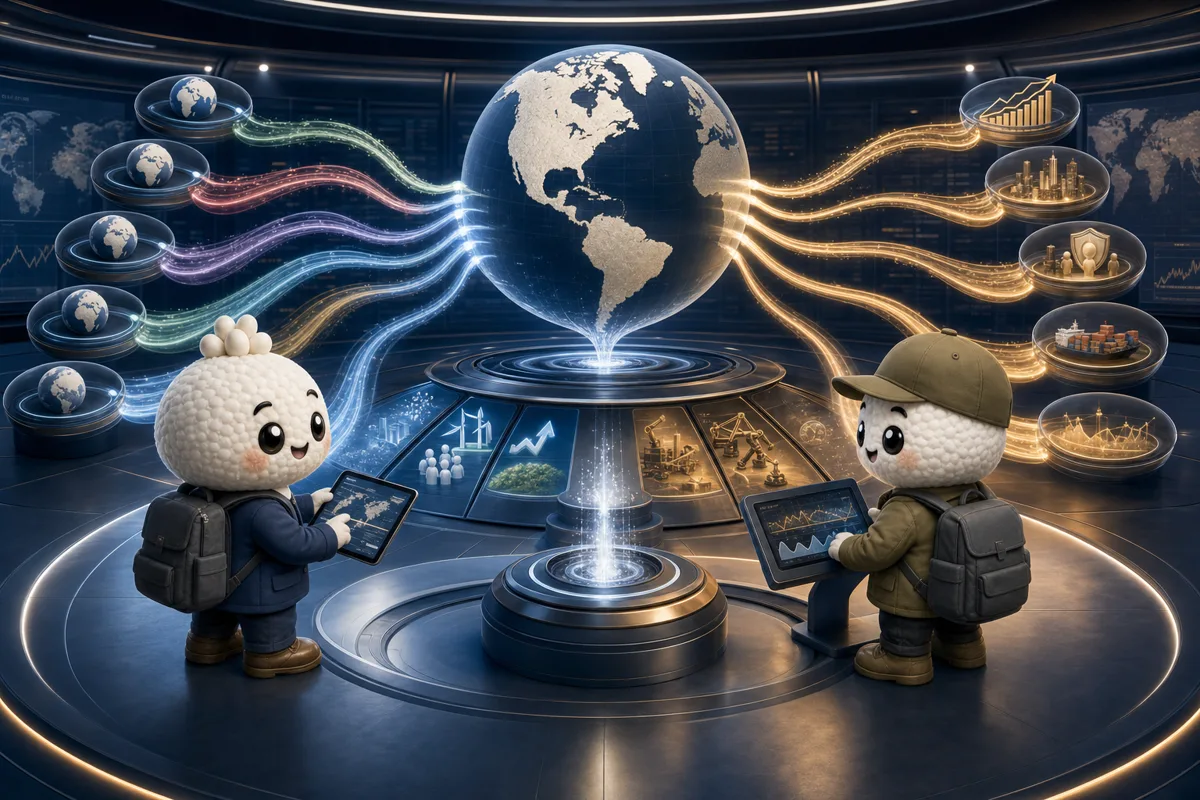 Editorial illustration of Rais and Bryce in global-currency and rate-gap analysts studying relative growth, interest-rate gaps, trade flows and safe-haven demand for USD.