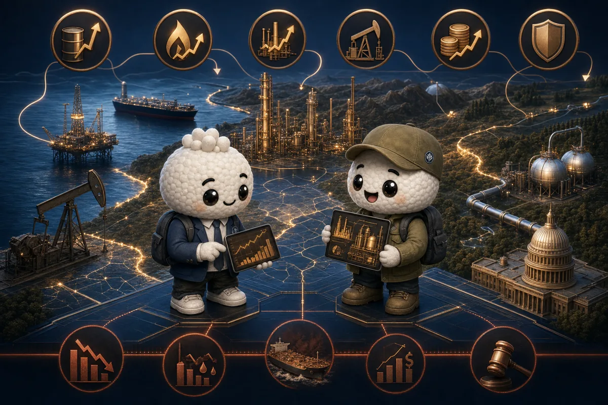 Editorial illustration of Rais and Bryce in energy-equity and field-economics analysts studying commodity prices, production, refining margins, spending and policy for XLE.