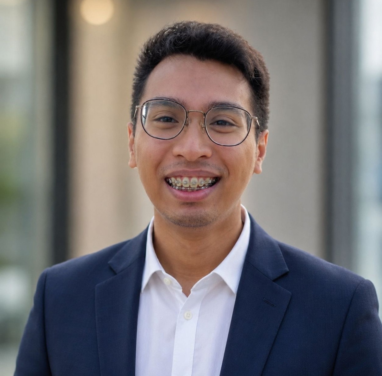 Aidil Aqmal wearing glasses, a navy suit and white shirt