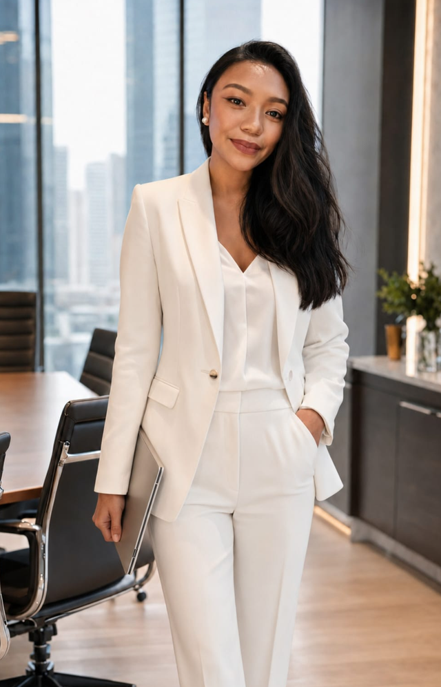 Sawfi Jasmon in a white suit in a modern office