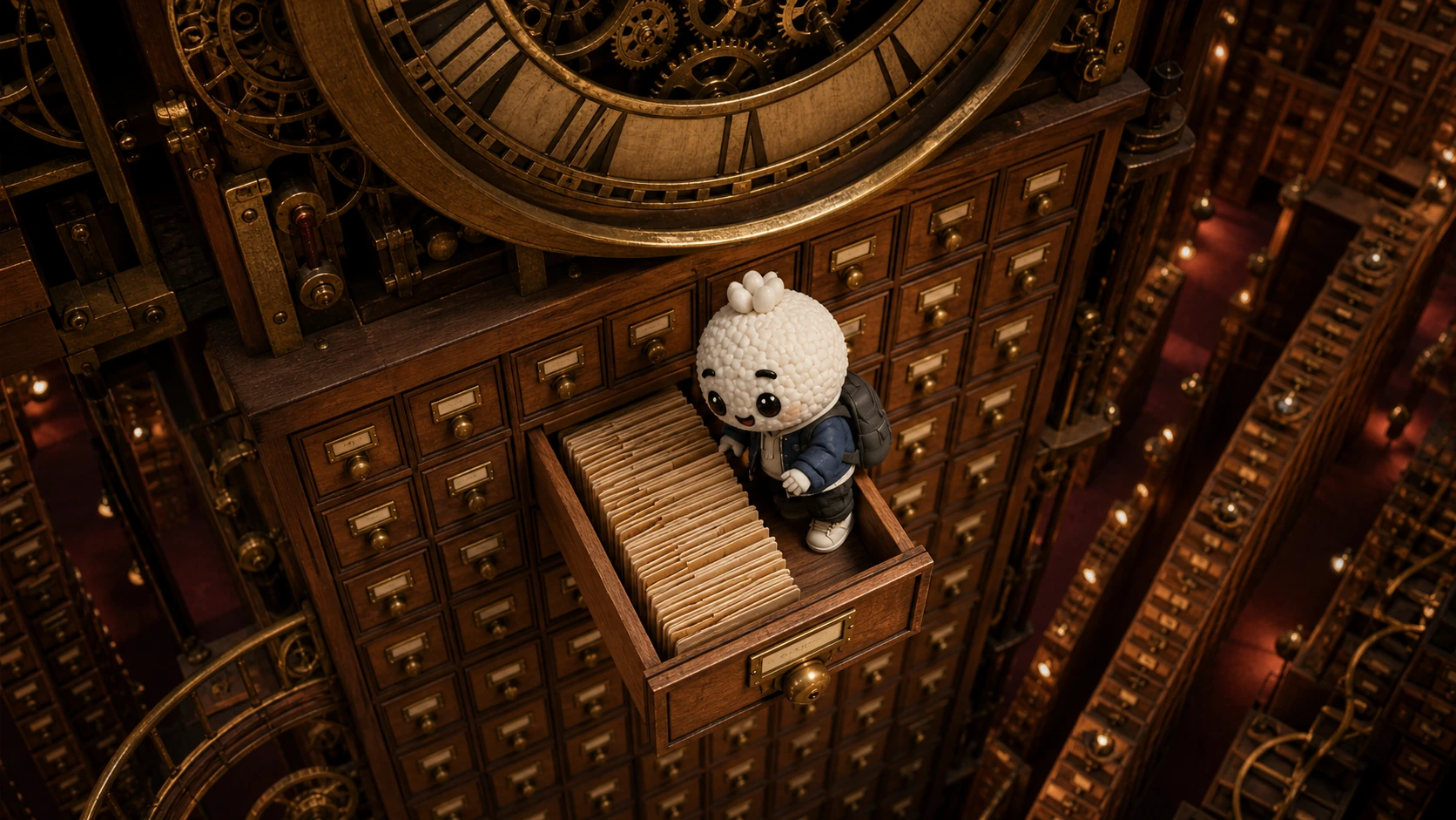 Tiny Rais navigates a monumental chronological card catalogue beneath a giant clock.