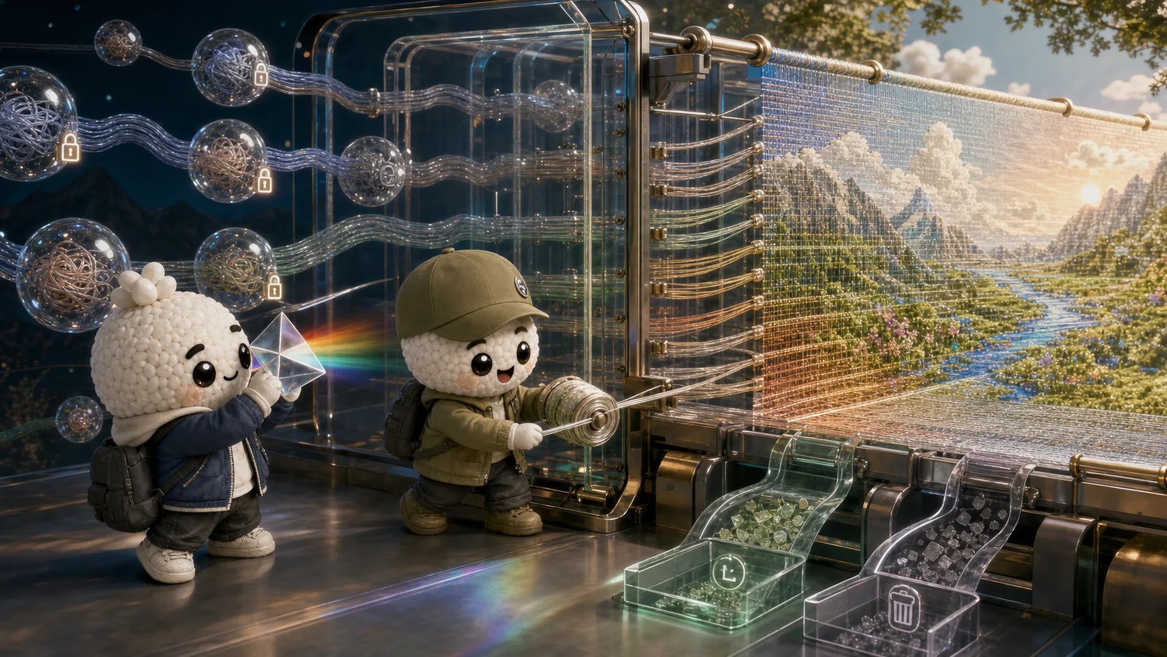 Rais and Bryce separate private client threads from the public OnTheRice record in a prismatic data loom.
