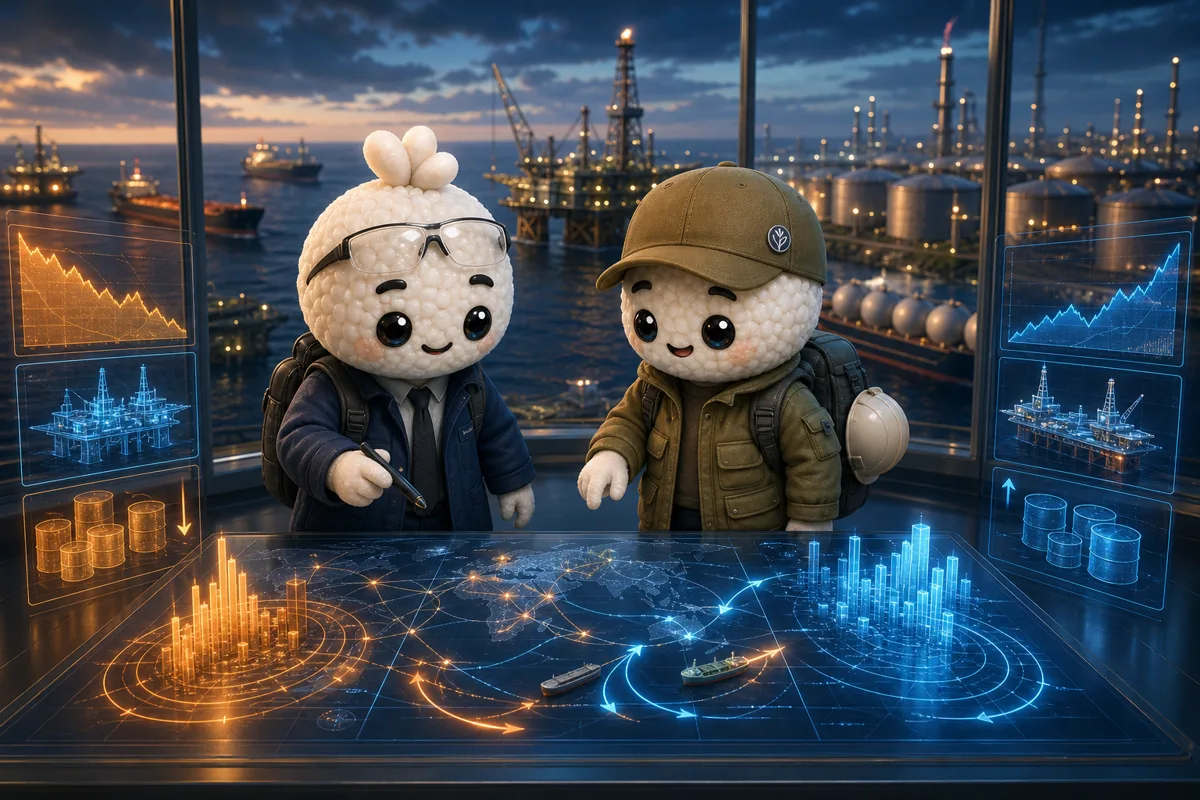 Editorial illustration of Rais and Bryce in energy-market and field analysts studying physical supply, output policy, shipping, inventories and demand for CL=F.