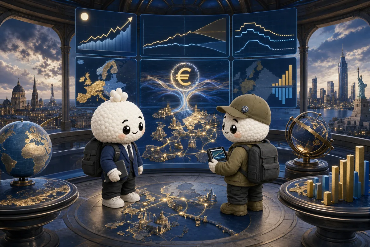 Editorial illustration of Rais and Bryce in central-bank and macro analysts studying ECB policy, growth, fiscal risk and cross-Atlantic rate gaps for EUR.