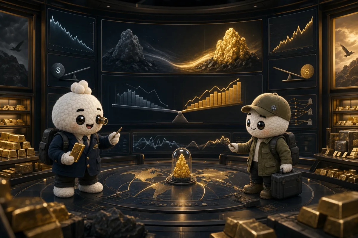 Editorial illustration of Rais and Bryce in precious-metals and reserve-flow analysts studying real yields, the dollar, fund flows and safe-haven demand for GLD.