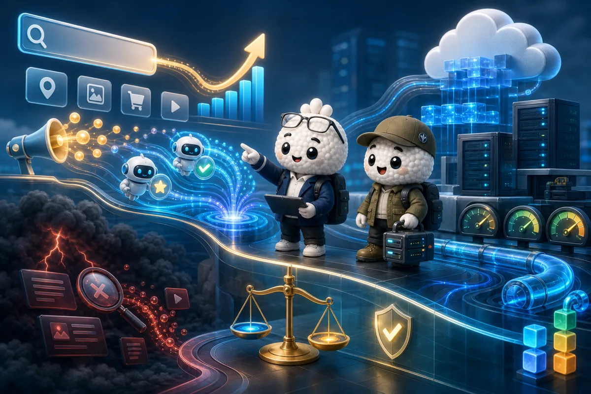 Editorial illustration of Rais and Bryce in search, advertising, ai and cloud analysts studying advertising, useful AI adoption, cloud demand, capex and regulation for GOOGL.