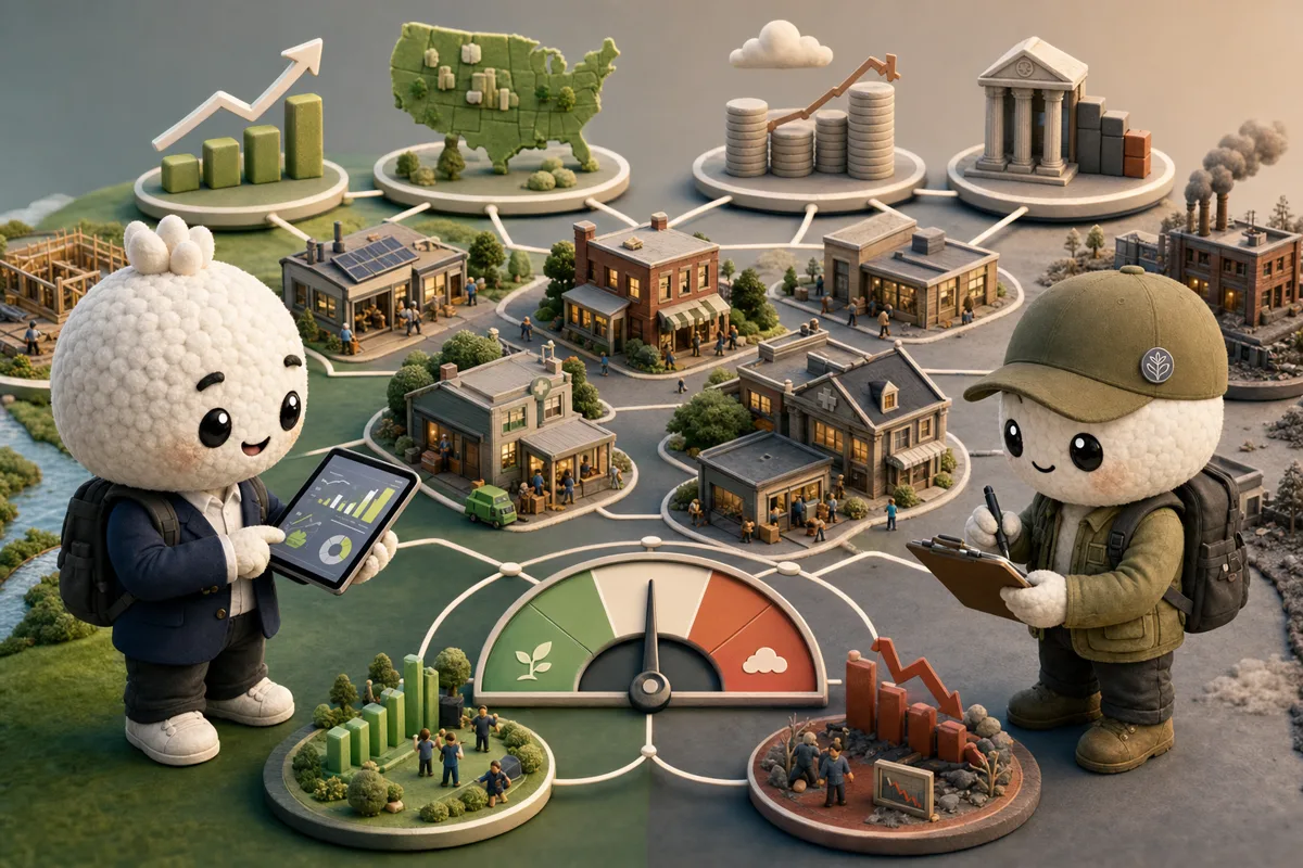 Editorial illustration of Rais and Bryce in small-business credit analysts studying domestic growth, small-company earnings, credit and interest rates for IWM.