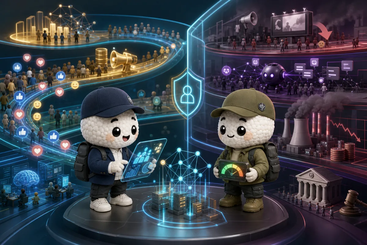 Editorial illustration of Rais and Bryce in audience, advertising and ai analysts studying engagement, ad demand, AI spending, privacy and regulation for META.