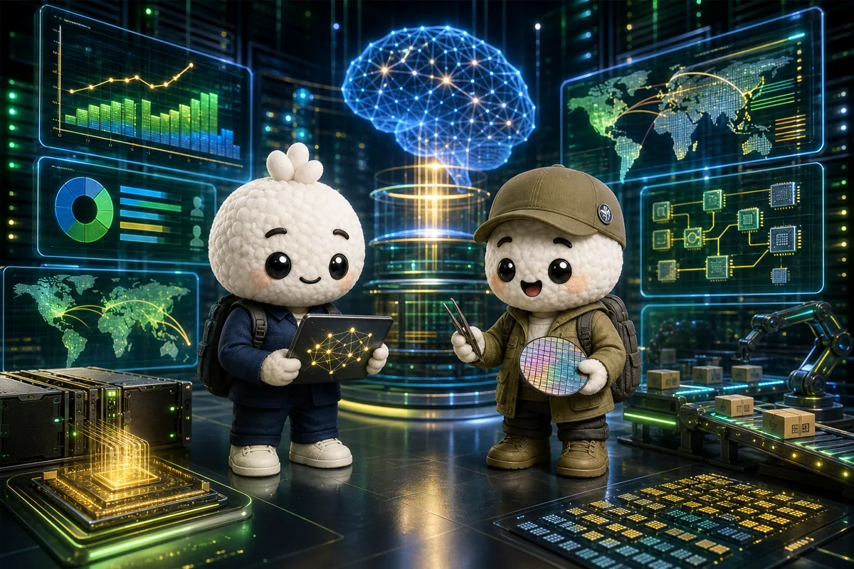 Editorial illustration of Rais and Bryce in ai-demand and chip-supply analysts studying accelerator demand, supply, competition, customer budgets and export rules for NVDA.