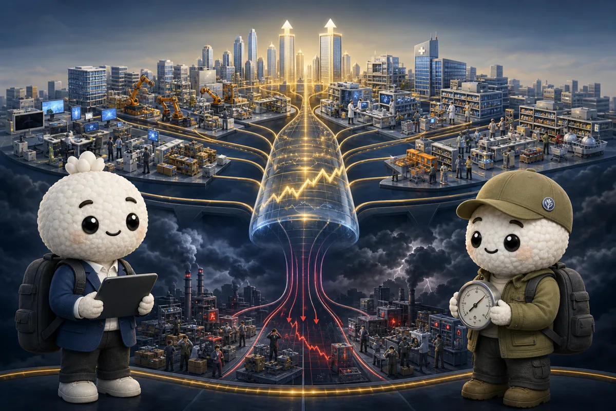 Editorial illustration of Rais and Bryce in broad-market and macro-risk analysts studying earnings breadth, growth, inflation, rates, risk appetite and concentration for SPY.
