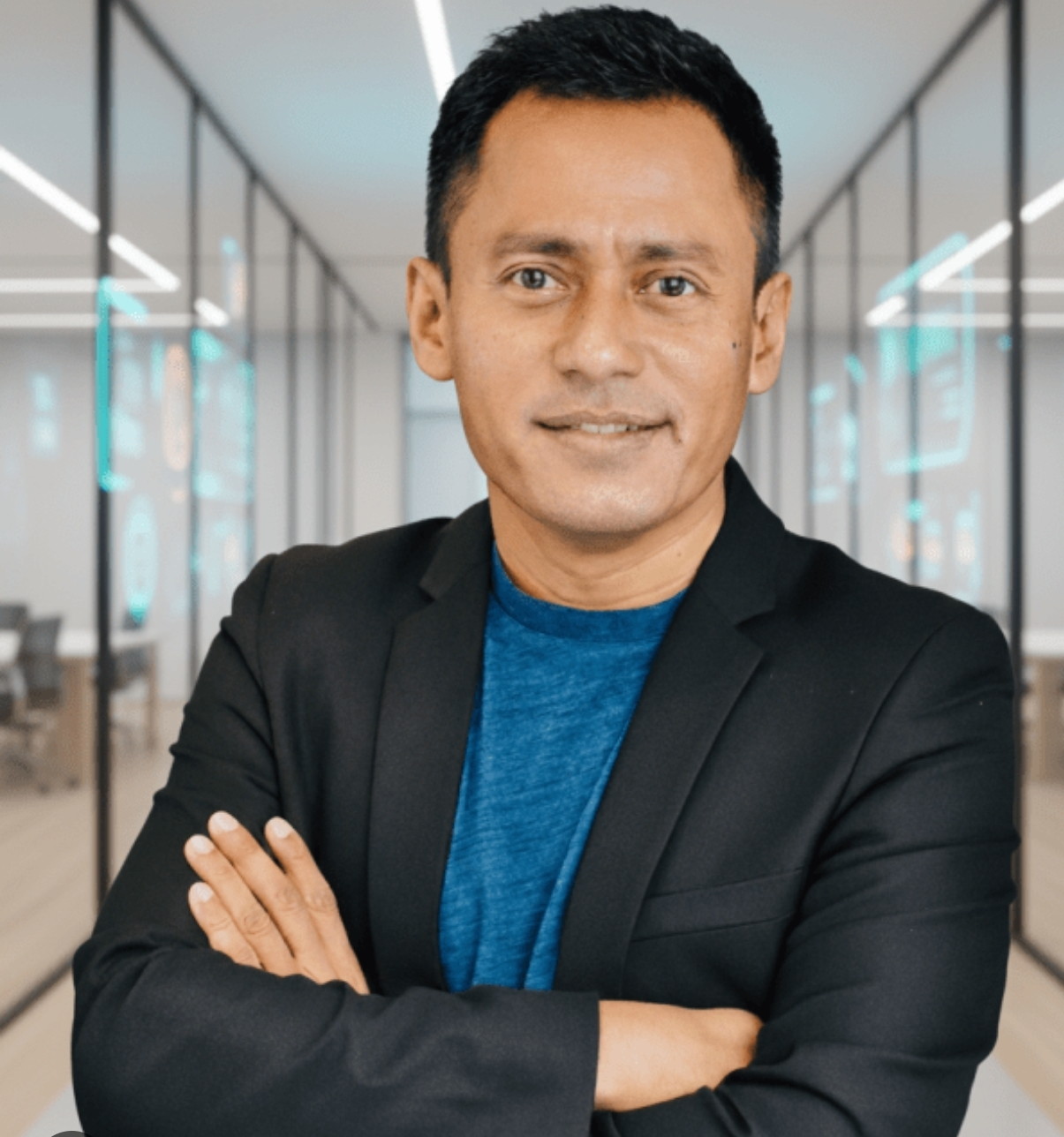 Dato' Ambran Abu Bakar in a black jacket and blue shirt in a modern office