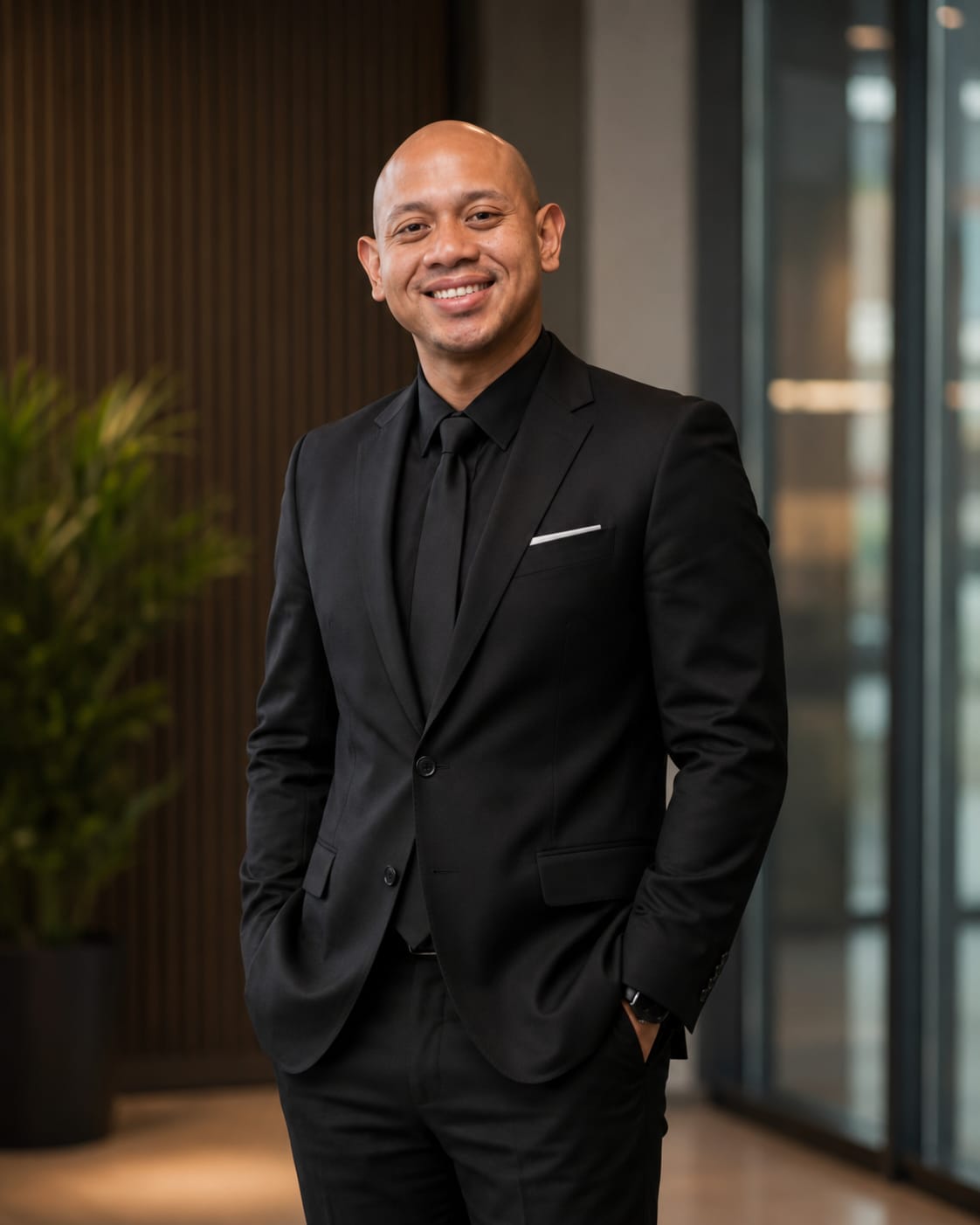 Faheem Aizat Kamsan in a black suit, smiling in a modern office